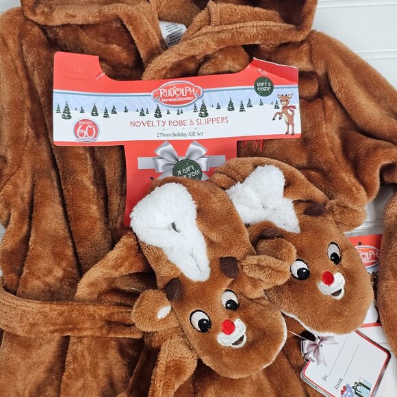 Rudolph Character Plush Hooded Robe & Slipper Set Toddler Size 2T-3T NWT - Picture 2 of 9